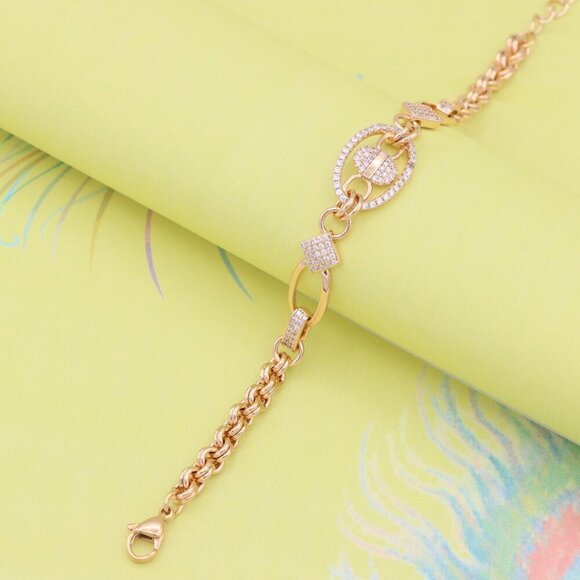 "Rose Gold Chain Bracelet with Oval Crystal Charm & Textured Links, XPBL0927 - Picture 2 of 13